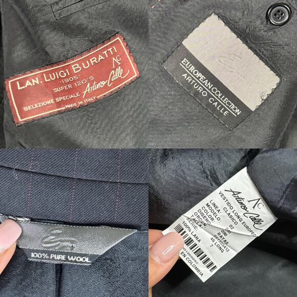 Arturo Calle Made in Italy 46L Long 38x30 Wool Two-Piece Suit Black Pinstriped - Picture 5 of 9